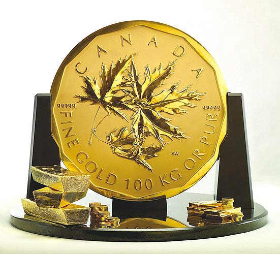 золотая монета весом 100 килограмм и номиналом в один миллион канадских долларов