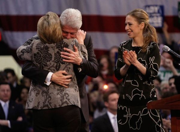 Hillary Rodham Clinton, Bill Clinton & Chlesea Clinton celebrating victory in New Hampshire