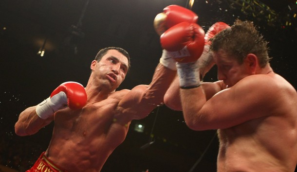 Wladimir Klitschko of Ukraine trades punches with Sultan Ibragimov of Russia