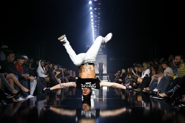 breakdancers perform at robin antin fashion show at los angeles fashion week