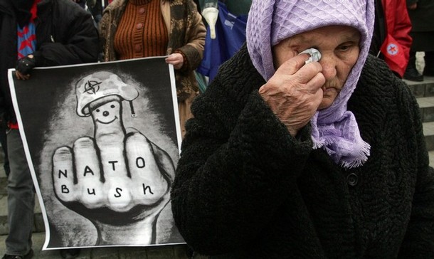 Demonstrators rallying to protest President Bush's visit and Ukraine's efforts to join NATO