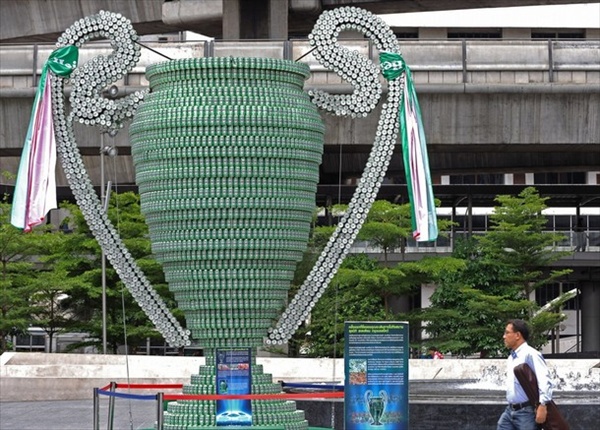UEFA Champions League trophy made of beer cans on display at a shopping mall in Bangkok
