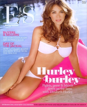 Liz Hurley Evening Standard tabloid, bikini photoshoot