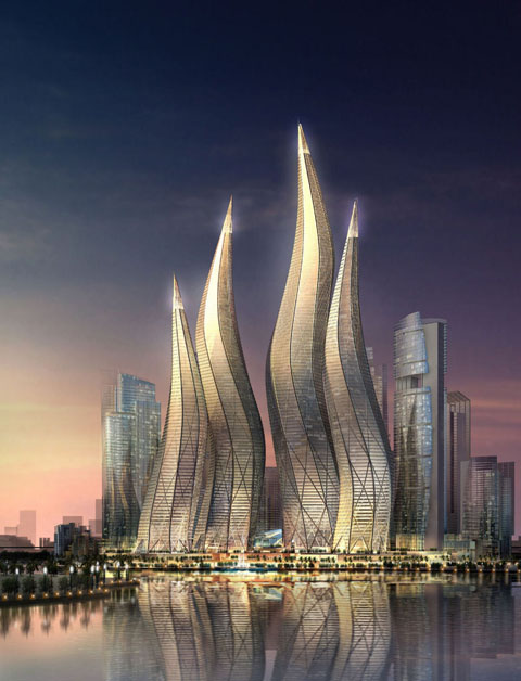 Башни в форме горящих свечей в Дубаи