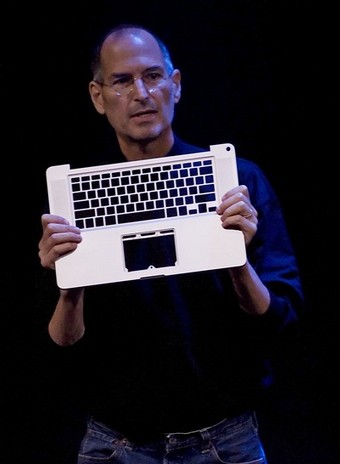 Apple CEO Steve Jobs introduces the new MacBook notebook computer at a press conference in Cupertino