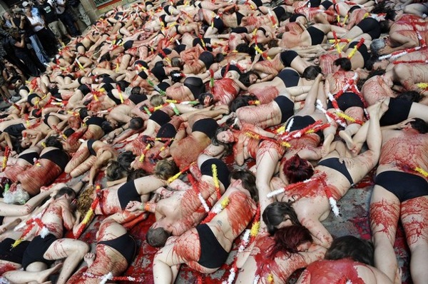 PETA protests in Pamplona against bull-fighting and animal cruelty