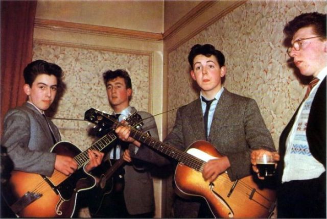 The Beatles in 1957 George Harrison is 14 John Lennon is 16 and Paul McCartney is 15.jpg