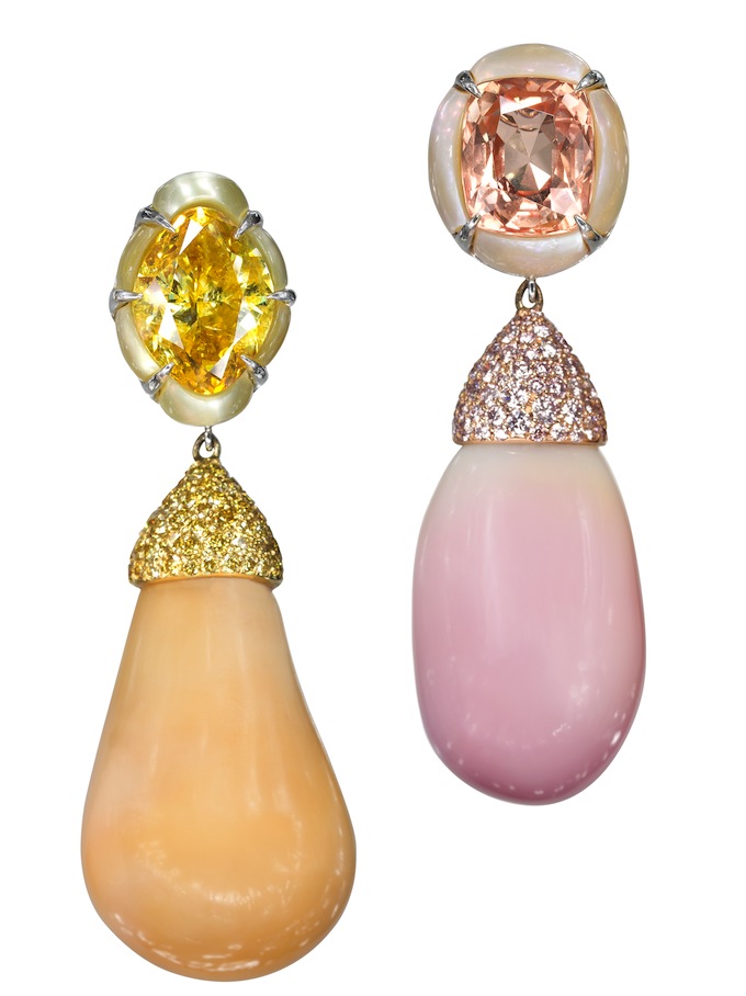 Conch and cassis cornuta pearls, diamond and sapphire inalid into mother of pearl earrings.jpg
