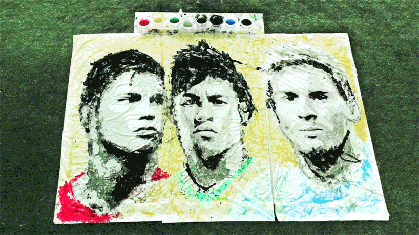 Портреты Роналду, Неймара и Месси, нарисованные футбольным мячом