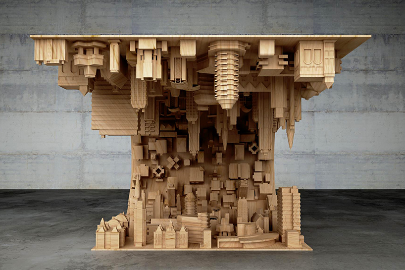 Согнутый стол с городским 3D-ландшафтом. ФОТО